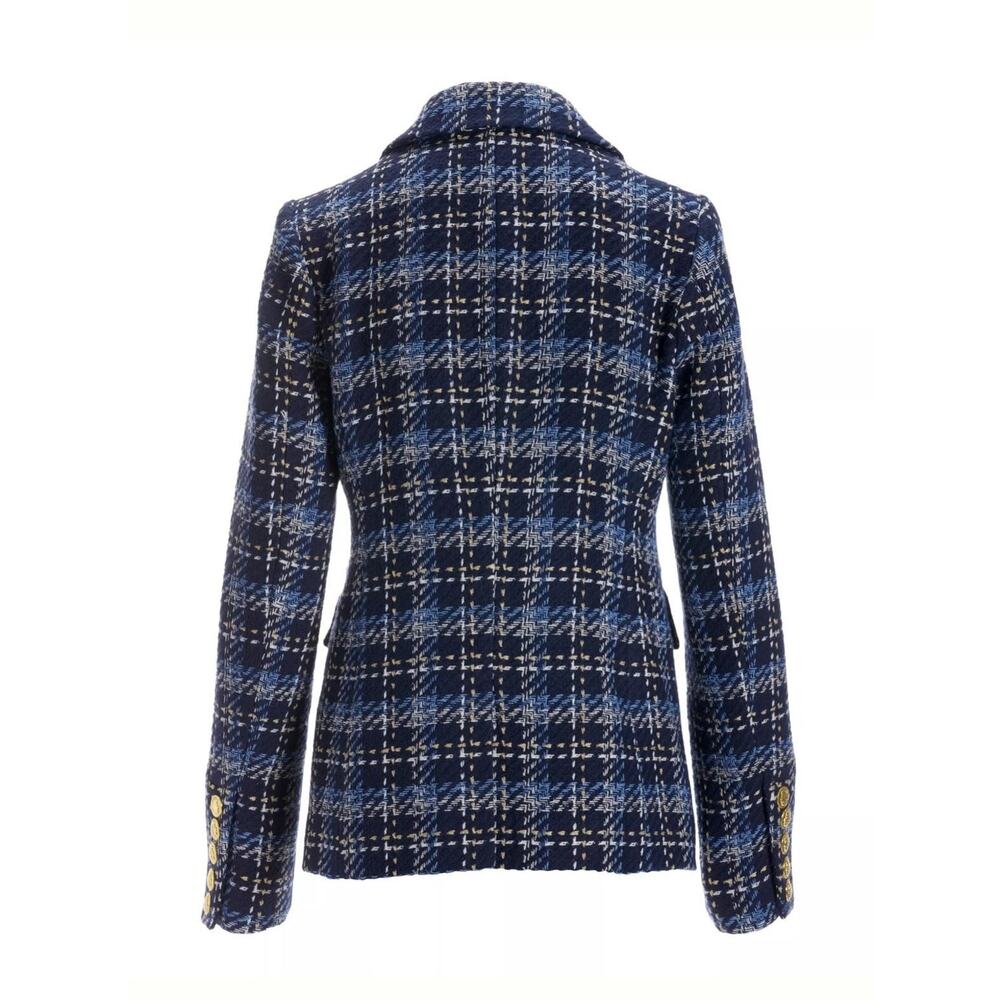 Boston Proper Blazer Womens Size 10 Blue Plaid Tweed Gold Button Double Breasted - Picture 3 of 13